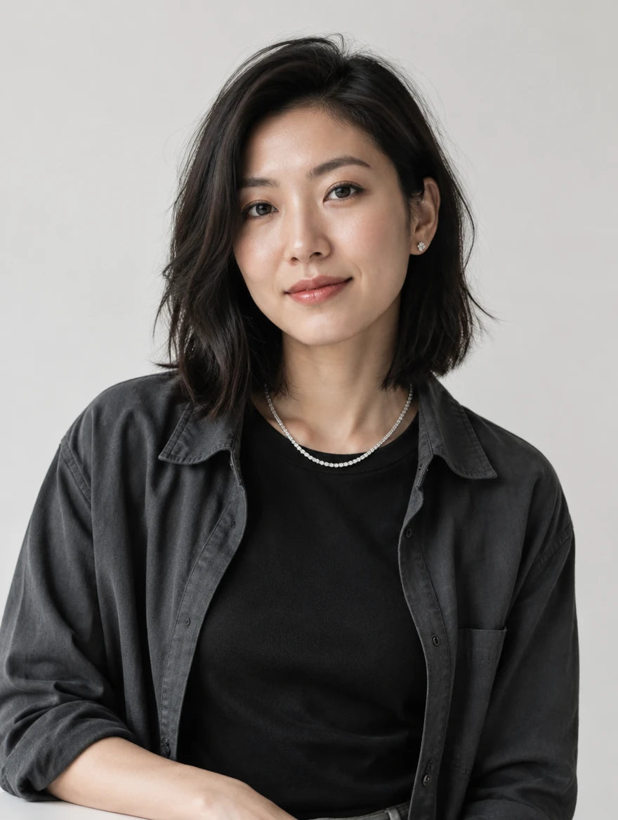 Maya Lim wearing a silver-tone tennis necklace and stud earrings